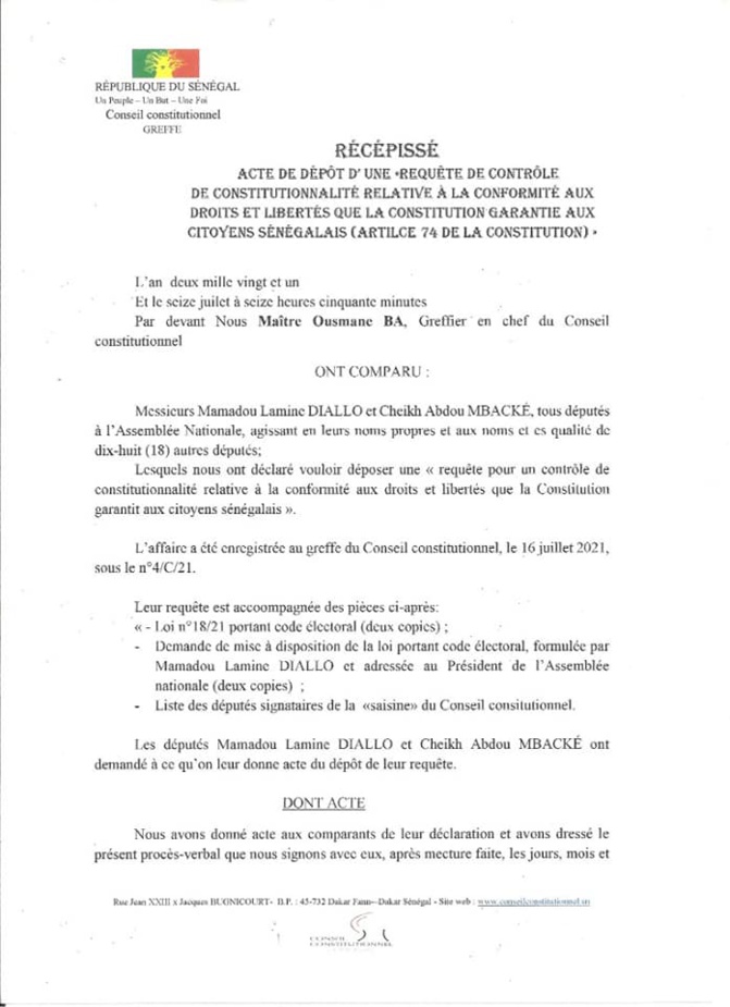 Modification du code électoral: Mamadou Lamine Diallo et Cheikh Abdou Mbacké déposent un recours devant le Conseil constitutionnel