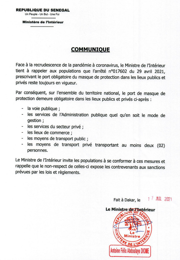 Covid-19: Le Ministre de l'Intérieur brandit le sabre: le port de masque obligatoire dans les...