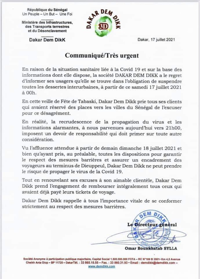 TRANSPORT: DAKAR DEM DIKK SUSPEND SES LIGNES A CAUSE DU COVID
