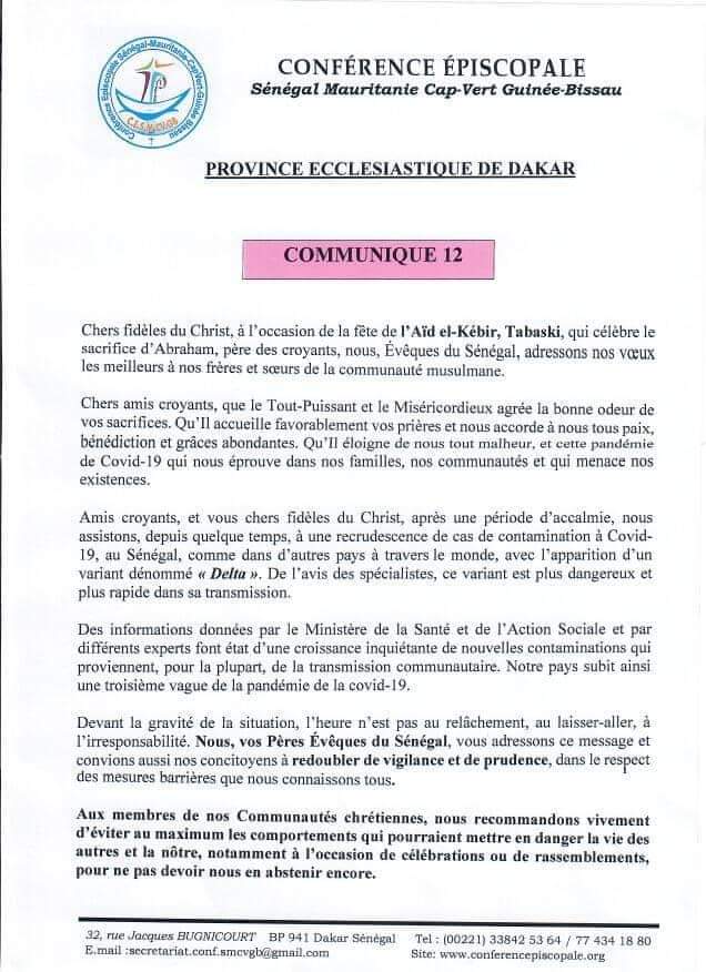 Troisième vague de Covid-19: L’Eglise appelle les Sénégalais à redoubler de vigilance