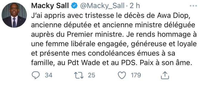 Décès de Awa Diop du Pds: Macky Sall présente ses condoléances à Me Abdoulaye Wade et à...