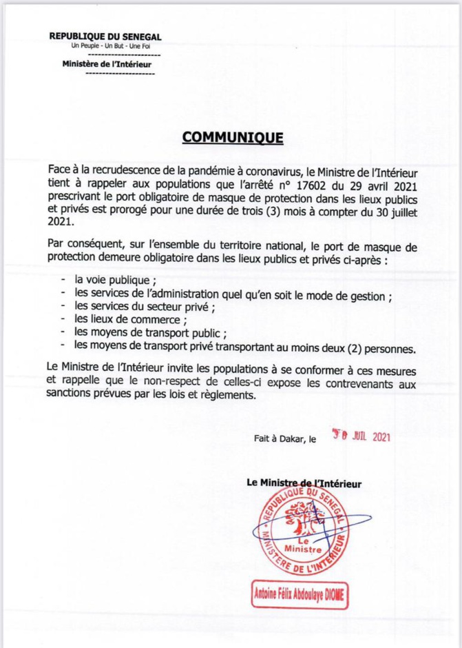 Covid-19: Le port du masque obligatoire prorogé de trois (3) mois