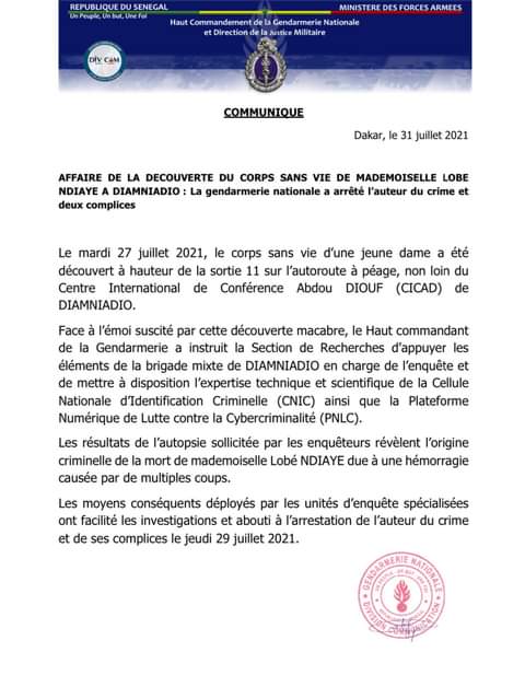 Meurtre de Lobé Ndiaye: La Gendarmerie annonce l'arrestation du criminel et ses complices