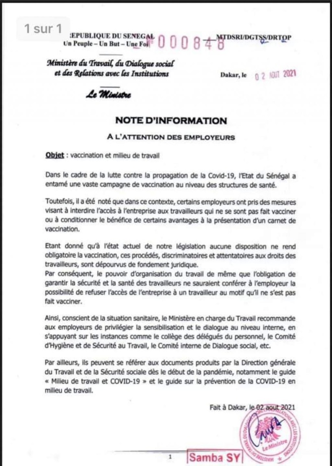 Vaccination forcée en entreprise: Samba Sy, ministre du Travail, rejette cette mesure