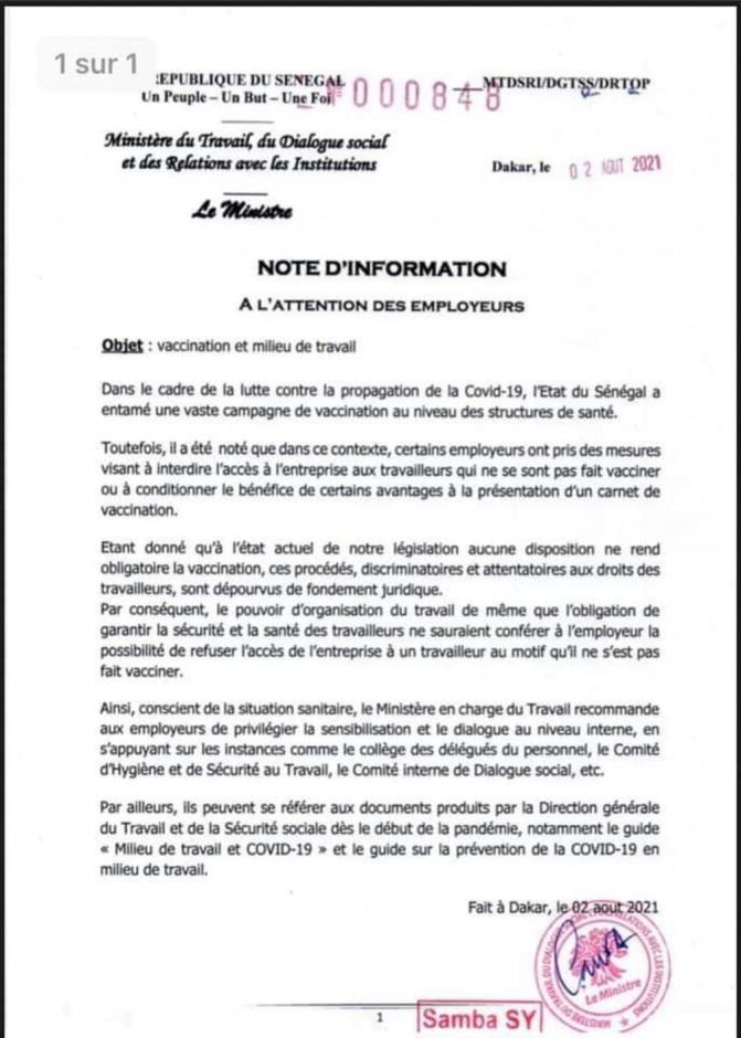 Vaccination forcée en entreprise: Samba Sy, ministre du Travail, rejette cette mesure Vaccination forcée en entreprise: Samba Sy, ministre du Travail, rejette cette mesure