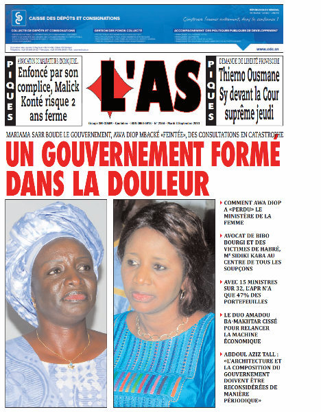 A la Une du Journal L'As du mardi 03 Septembre 2013