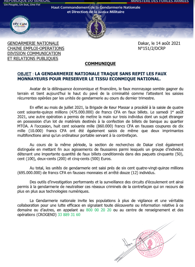 Gendarmerie nationale: De juillet à Août 2021, près 700.000.000 en fausses monnaies saisis