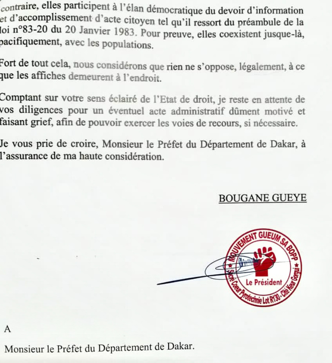 Ordre du préfet de «retirer des affiches incriminées » : Bougane Guèye, « pour le moment », dit niet !