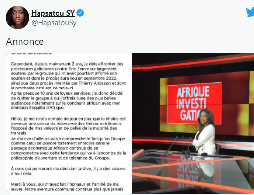 Hapsatou Sy annonce sa démission du groupe Canal+