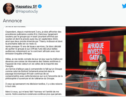 Hapsatou Sy annonce sa démission du groupe Canal+ Hapsatou Sy annonce sa démission du groupe Canal+