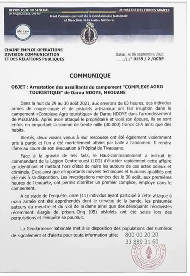 Braquage mortel et viol: Les assaillants du Complexe Agro-Touristique de Darou Ndoye, arrêtés Braquage mortel et viol: Les assaillants du Complexe Agro-Touristique de Darou Ndoye, arrêtés