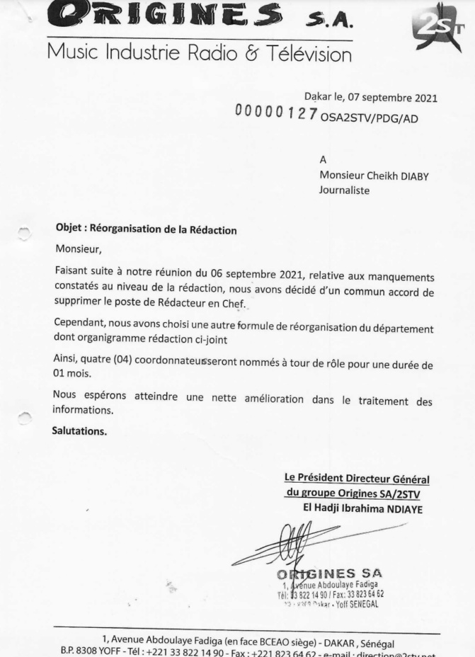 2STV (Document): Le poste de Rédacteur en chef supprimé, Cheikh Diaby claque (encore) la porte