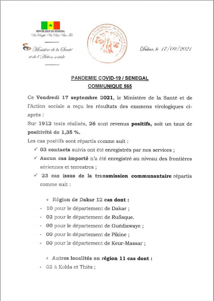 Covid 19: 26 nouvelles contaminations, 390 guérisons, 10 cas graves et 1 décès