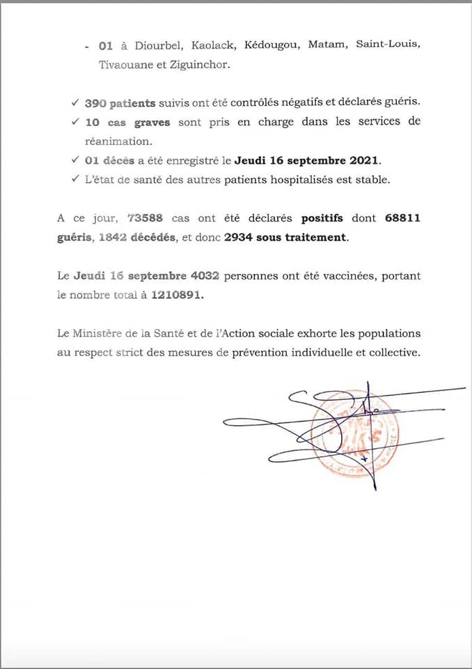 Covid 19: 26 nouvelles contaminations, 390 guérisons, 10 cas graves et 1 décès