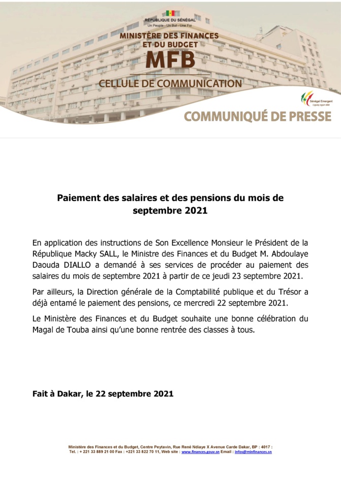 Paiement anticipé des salaires et des pensions de septembre 2021 Paiement anticipé des salaires et des pensions de septembre 2021