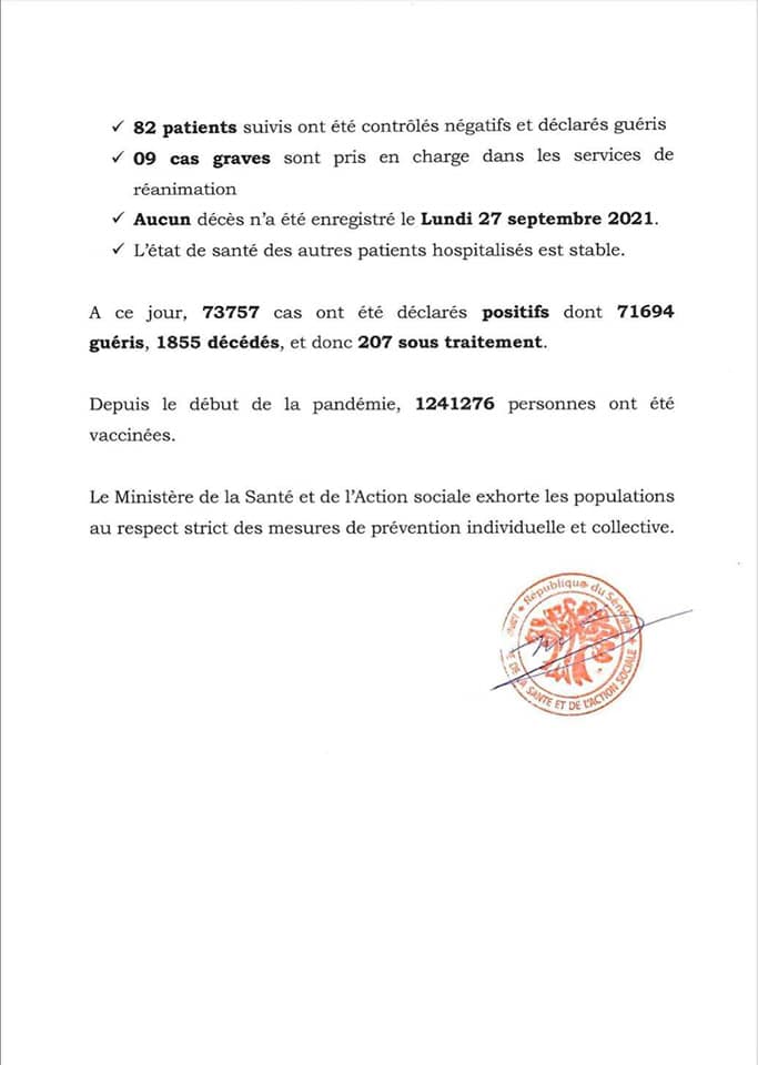 Covid-19: 10 nouveaux cas, 82 patients guéris, 9 cas graves, 0 décès