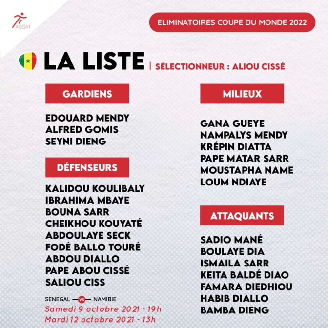 Eliminatoires CM 2022: Double confrontation Sénégal vs Nambie, les 25 "Lions" connus