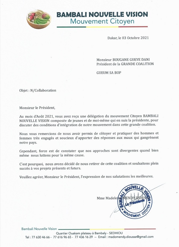 Coalition Gueum Sa Bopp: Madeleine Mendy claque la porte Coalition Gueum Sa Bopp: Madeleine Mendy claque la porte