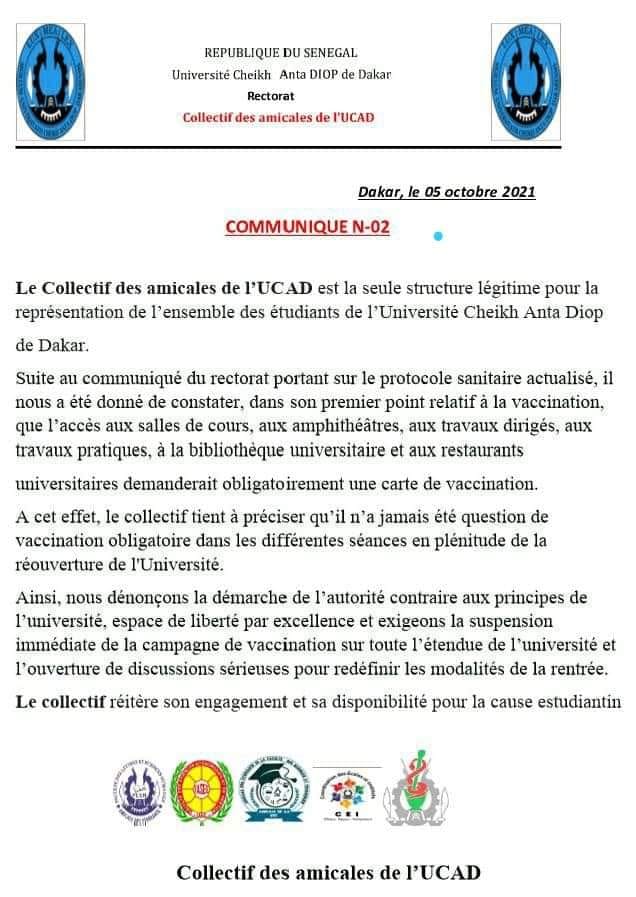 Vaccination obligatoire à l’UCAD: Les étudiants exigent de sérieuses concertations Vaccination obligatoire à l’UCAD: Les étudiants exigent de sérieuses concertations