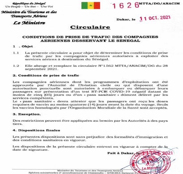 Trafic des compagnies aériennes desservant le Sénégal : les conditions de reprise et ses restrictions pouvant  être appliquées  à des pays tiers