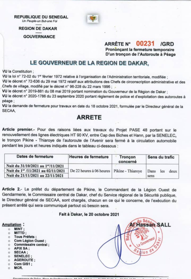 Travaux du projet PASE 48 : Le tronçon Pikine-Thiaroye de l’autoroute à péage fermé du 31 octobre au 22 novembre