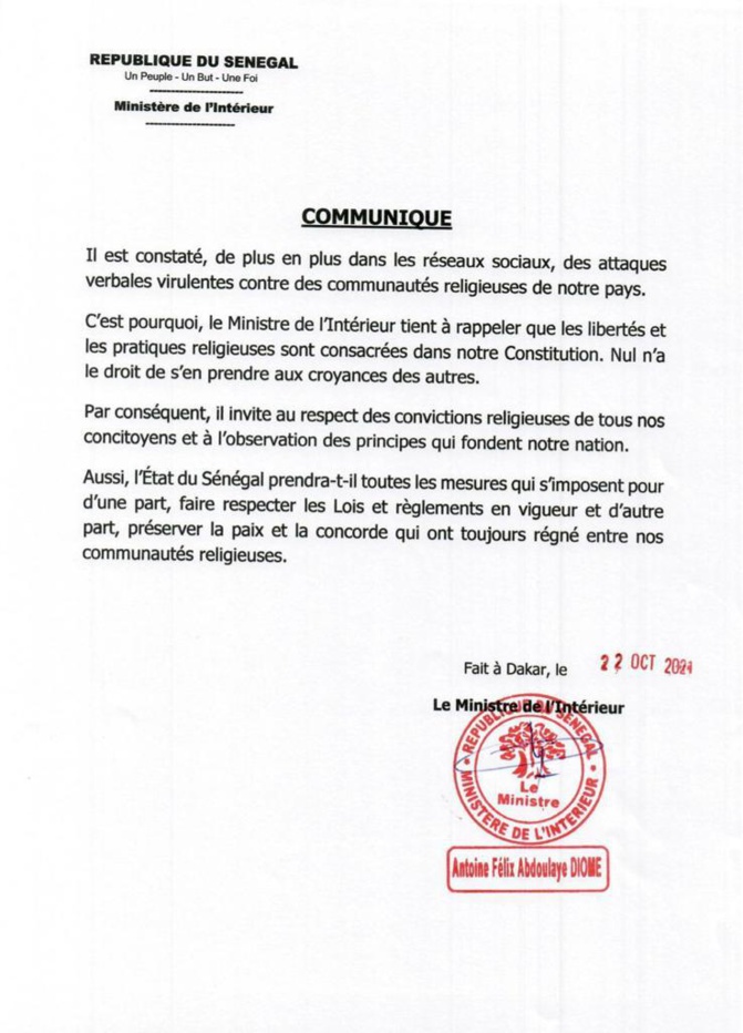 Attaques envers les communautés religieuses dans les RS: La Fatwa du ministre de l'Intérieur (Document)
