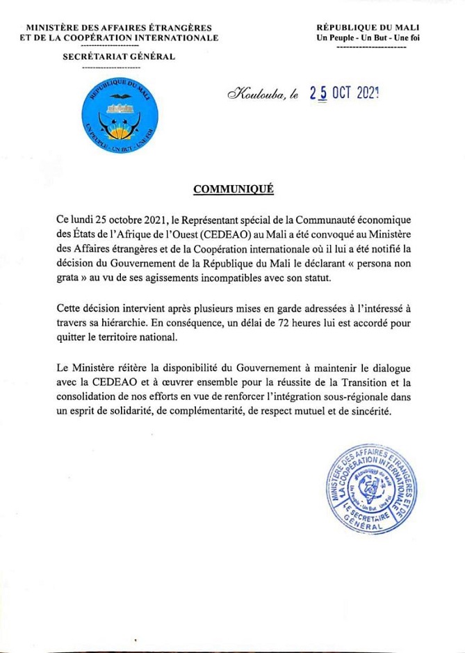 Urgence au Mali:  Déclaré persona non grata, Hamidou Boly, le Représentant de la CEDEAO, sommé de déguerpir dans les 72 heures