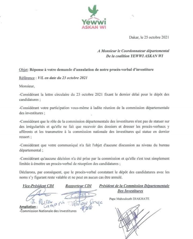 Annulation du procès-verbal: Yewwi Askan Wi oppose son veto à Soham El Wardini