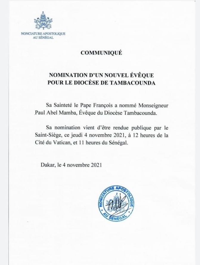 Diocèse de Tambacounda: Nomination d'un nouvel Evêque (Document)
