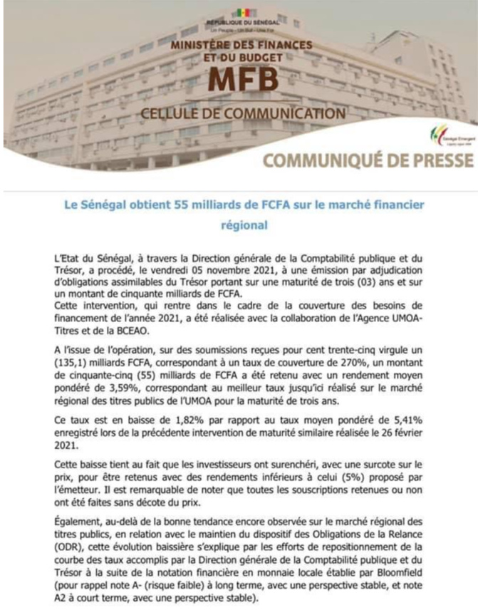 MFR: Le Sénégal obtient 55 milliards F CFA sur une échéance de 3 ans (document)