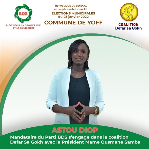 Deuxième tête de liste de la coalition Defar Sa Gox Yoff: Astou Diop, une digne héritière de Mamadou Diop, l’ancien Maire de Dakar Deuxième tête de liste de la coalition Defar Sa Gox Yoff: Astou Diop, une digne héritière de Mamadou Diop, l’ancien Maire de Dakar