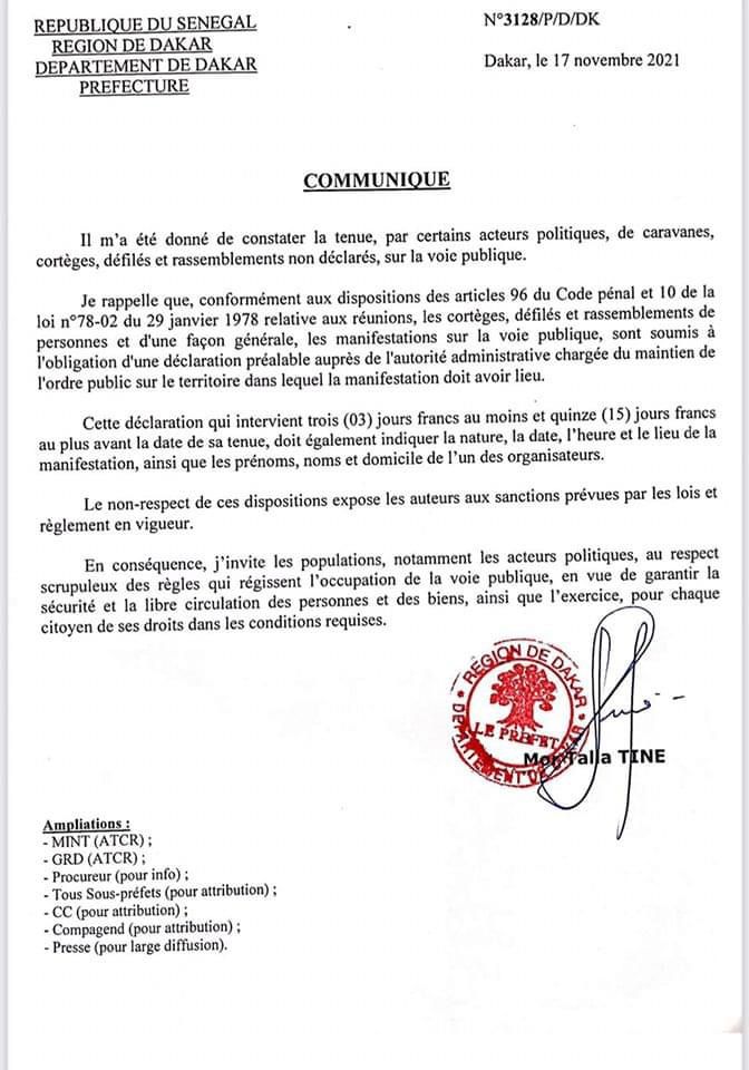 Rassemblements sur la voie publique: Le Préfet de Dakar rappelle les dispositions légales Rassemblements sur la voie publique: Le Préfet de Dakar rappelle les dispositions légales