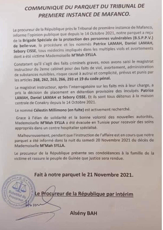 Conakry: Droguée et violée par 3 médecins, M'Mah Sylla meurt après 7 opérations Conakry: Droguée et violée par 3 médecins, M'Mah Sylla meurt après 7 opérations
