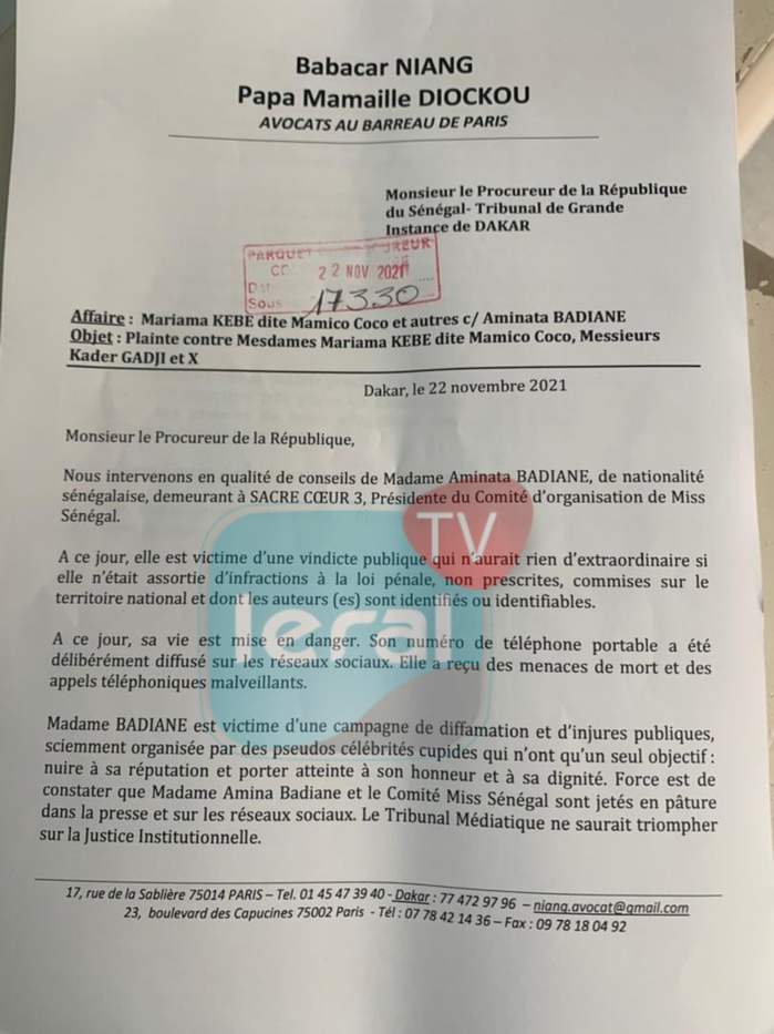 Affaire Miss Sénégal: Pourquoi Aminata Badiane a porté plainte contre Mamico et Messieurs Kader Gadji et X (Document)