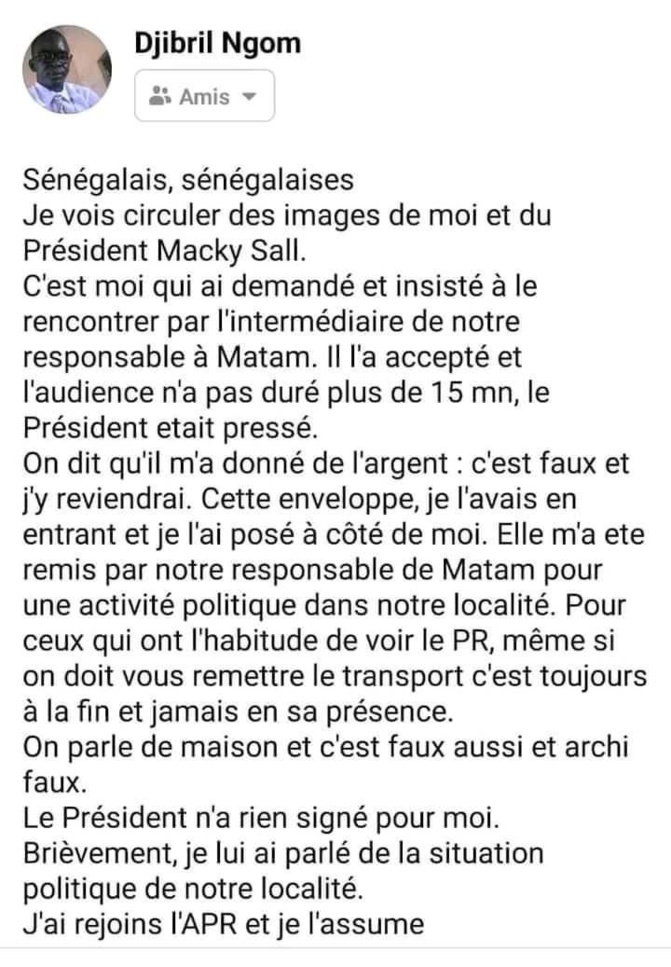 Audience avec Macky Sall: Djibril Ngom dit oui à l'APR, mais jure n'avoir rien "encaissé"