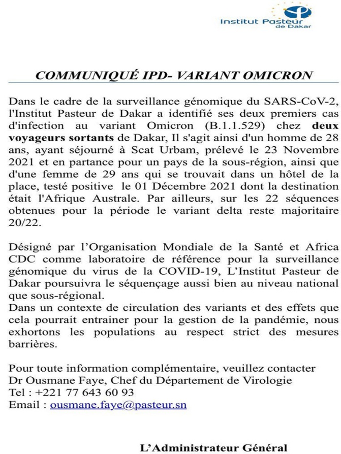 Covid-19 -les choses se corsent : Après Iressef, l’institut Pasteur annonce deux autres cas du variant Omicron