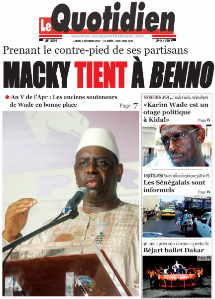 A la Une du Journal Le Quotidien du lundi 02 Décembre 2013