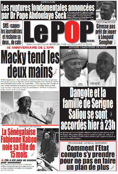 A la Une du Journal Le Populaire du lundi 02 Décembre 2013