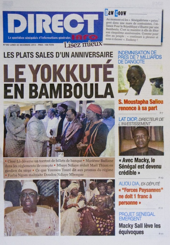 A la Une du Journal Direct Info du lundi 02 Décembre 2013