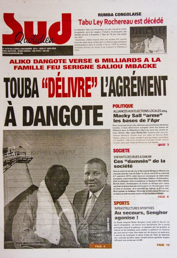 A la Une du Journal Sud Quotidien du lundi 02 Décembre 2013