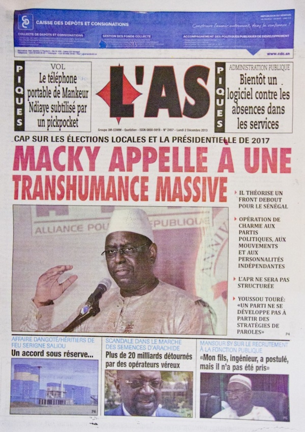 A la Une du Journal L'As du lundi 02 Décembre 2013