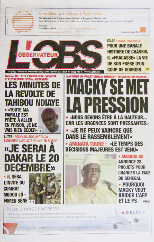 A la Une du Journal L'Observateur du lundi 02 Décembre 2013