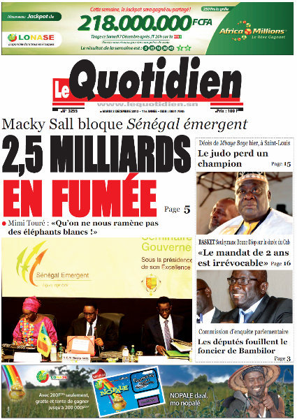 A la Une du Journal Le Quotidien du mardi 03 Décembre 2013