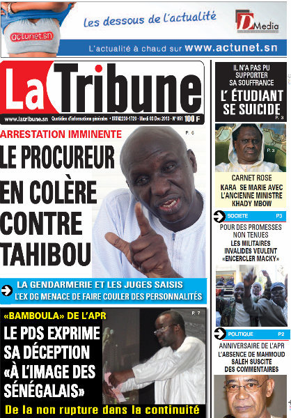 A la Une du Journal La Tribune du mardi 03 Décembre 2013