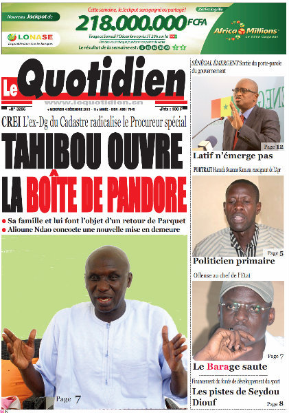 A la Une du Journal Le Quotidien du mercredi 04 Décembre 2013