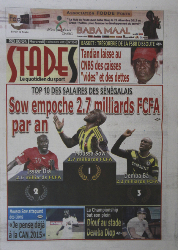 A la Une du Journal Stades du mercredi 04 Décembre 2013
