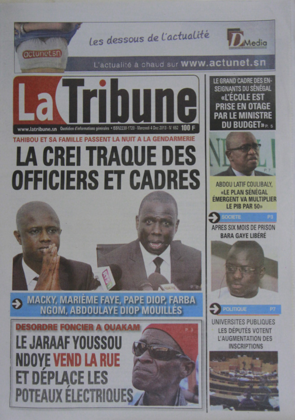 A la Une du Journal La Tribune du mercredi 04 Décembre 2013
