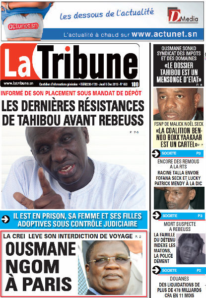 A la Une du Journal La Tribune du Jeudi 05 Décembre 2013