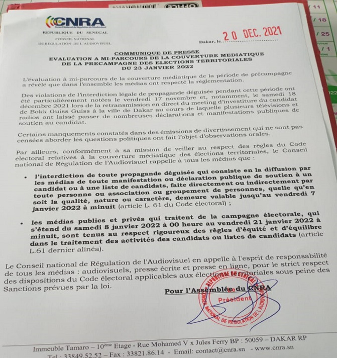 Précampagne des élections locales : Le CNRA signale des manquements décelés et appelle à la responsabilité Précampagne des élections locales : Le CNRA signale des manquements décelés et appelle à la responsabilité