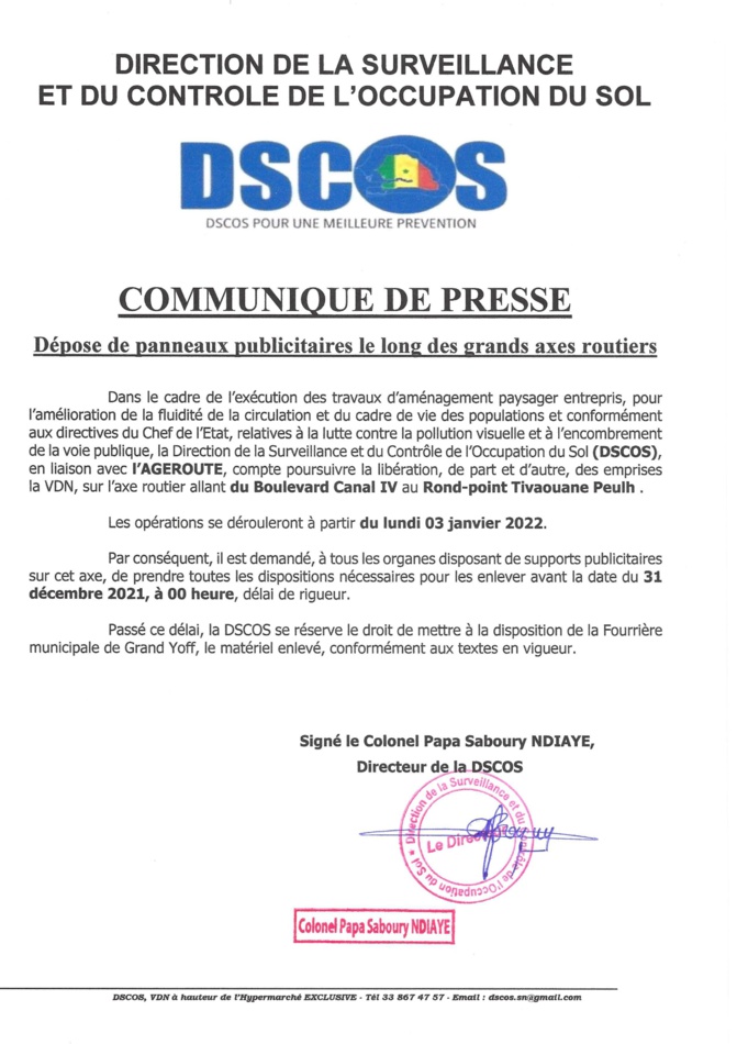 Désencombrement de la voie publique: La DSCOS entame l’axe Boulevard Canal 4-Tivaouane Peulh le 3 Janvier 2022 et avertit